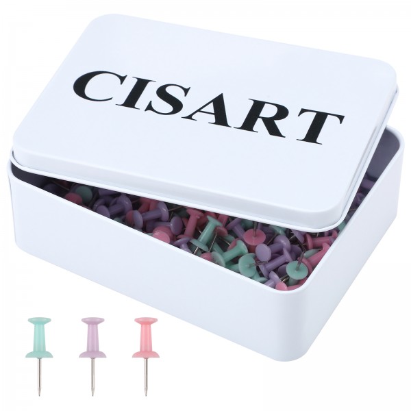 Cisart Pack of 150 Colorful Bulletin Board Tacks with Large Storage Box 4.84x3.62x1.5in, Multicolor Thumb Tacks with a Metal Tin for Organization, Durable and Reusable Push Pins for Office, Work, Home