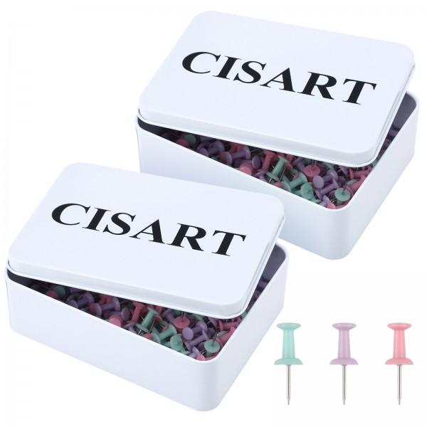 Cisart 150 PCS Colorful Bulletin Board Tacks with 2 Storage Boxes 4.84x3.62x1.5in, Multicolor Thumb Tacks with Metal Tin for Easy Organization, Durable and Reusable Push Pins for Office, Work, Home