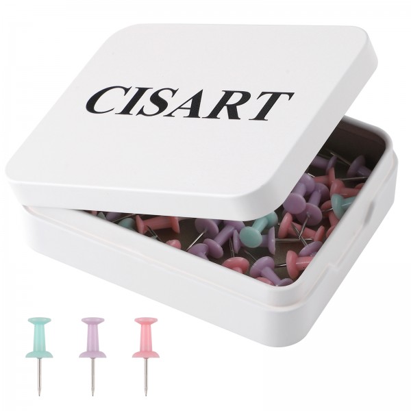 Cisart 150 Pack Colorful Bulletin Board Tacks with Small Storage Box 3.62x2.95x0.98in, Multicolor Thumb Tacks with a Metal Tin for Organization, Durable and Reusable Push Pins for Office, School, Home
