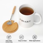 Cisart White Ceramic Mug with Lid and Spoon, Thick Coffee Water Drinking Cup Set,  Safe & Suitable Container for Hot & Cold Drinks, Complete Travel Mug for Home, Office, and Daily Use